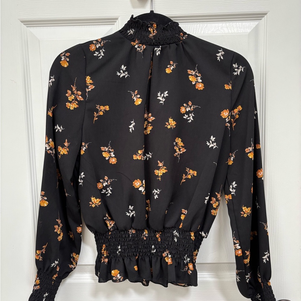 Floral Smocked High Neck Black Blouse